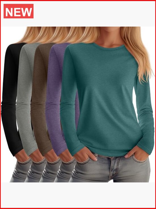 Tops - 5 Pack Women's Crew Neck Long Sleeve Cotton Blend Tees Layering Tops